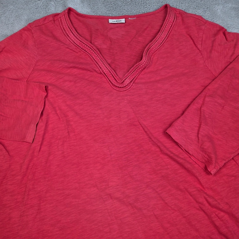 LL Bean V-Neck Top Womens 2X Braided Trim 3/4 Sleeve Slub Cotton Jersey Pink Red